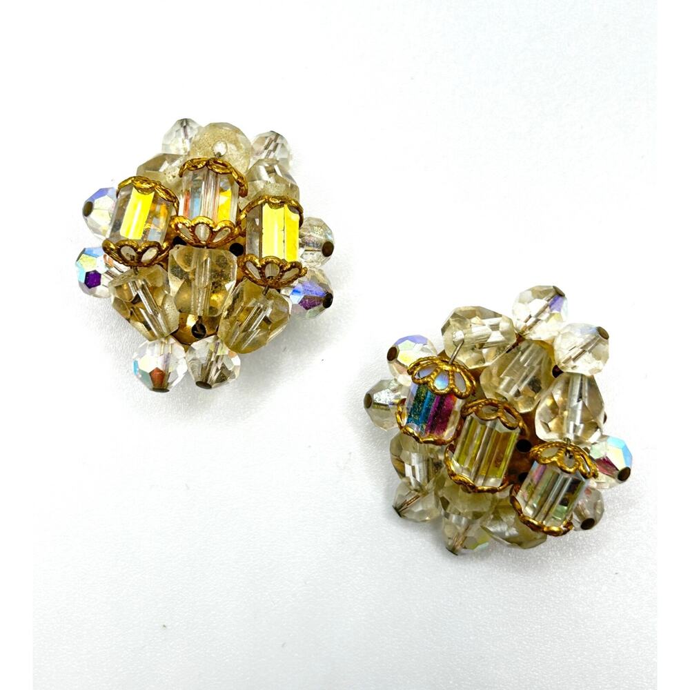 Vintage 60s Clip On Cluster Rhinestone Faceted Iridescent Bead Earrings